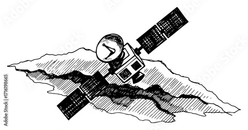 Hand Drawn Crashed Satellite on the Ground