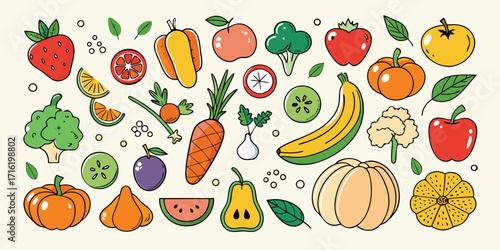 Vibrant assortment of fresh fruits and vegetables in a lively hand-drawn style collection