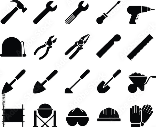 Minimalist construction and safety tool icons set Hammer, drill, gloves, helmet, shovel, wheelbarrow, scaffold vector pack for industrial, building & safety use