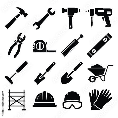 Minimalist construction and safety tool icons set Hammer, drill, gloves, helmet, shovel, wheelbarrow, scaffold vector pack for industrial, building & safety use