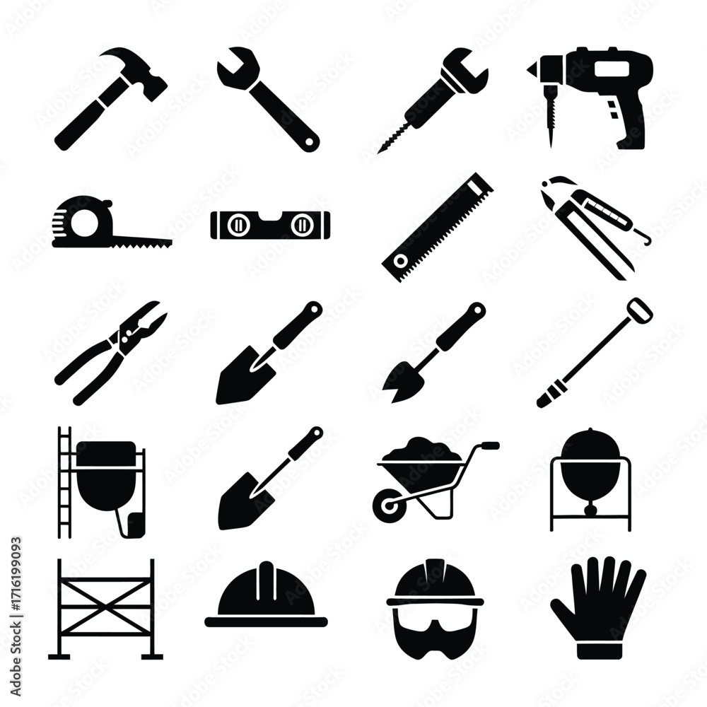 Obraz premium Vector minimalist building tools and safety equipment icons Gloves, helmet, scaffolding, drill, hammer, shovel, wheelbarrow in clean line art style