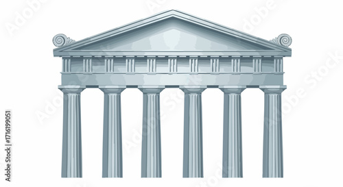 A stylized illustration of a classical Greek temple with fluted columns and a triangular pediment.