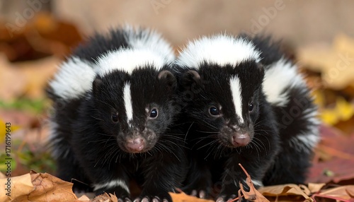 Two baby skunks in autumn leaves
