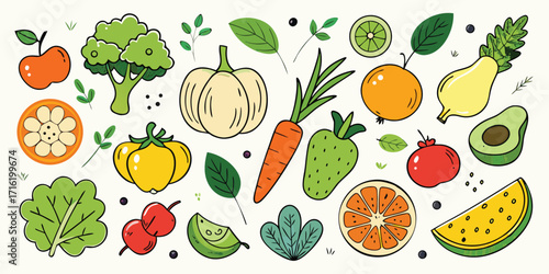 Vibrant assortment of fresh fruits and vegetables hand-drawn style for healthy eating and nutrition