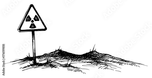 Radiation Warning Sign in Barren Landscape Hand Drawn Vector