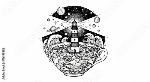 A lighthouse stands tall in a teacup filled with turbulent waves, illuminated by beams reaching into a starry night sky with planets and stars.