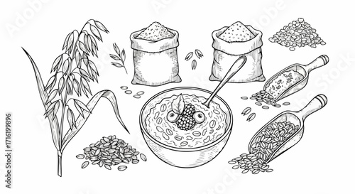Hand-drawn illustration of oats: stalks, grains, bags of flour, scoops, and a bowl of oatmeal with berries.