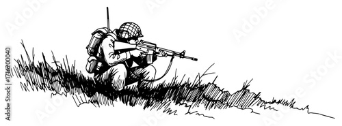 Soldier in Combat Crouching in the Grass with a Rifle Black Shape Vector Laser Cutting Engraving Monochrome Print