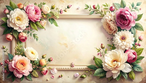 Floral Frame Arrangement with Pink and Cream Roses and Green Foliage on a Textured Background for Decorative Ornamentation