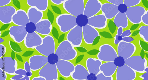 A vibrant floral pattern featuring large, stylized purple flowers with dark blue centers and small green leaves against a bright green background.