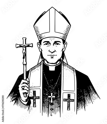 Catholic Priest or Bishop in a Vintage Sketch Style