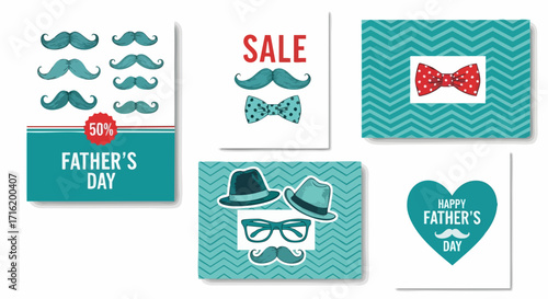 A collection of Father's Day greeting cards with mustache, bow tie, and hat illustrations.