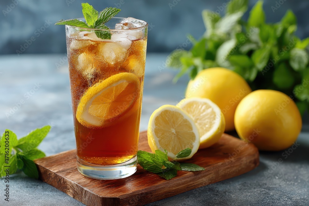 Fototapeta premium Tall glass of iced tea with lemon slice and mint sprig on wooden board. Perfect for summer refreshment ads or beverage-related article.