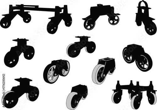 silhouette, caster, wheel, assembly, swivel, roll, rotate, mount, bracket, furniture, cart, equipment, vector, black, icon, design, hardware, industrial, mobility, transport