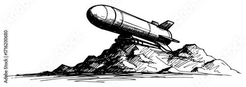 Hand Drawn Crashed Submarine on a Rocky Shore