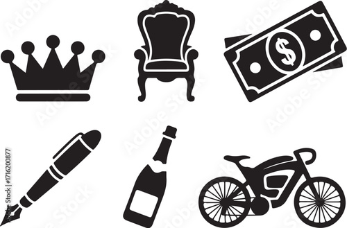 Luxury symbols crown throne money pen champagne motorcycle