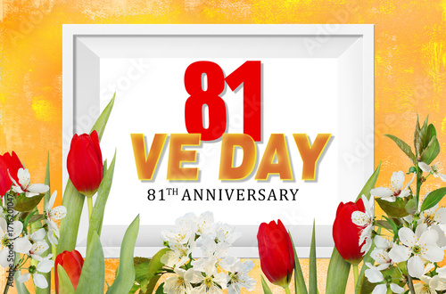 V-E Day 81th Anniversary 8 May, greeting card or web banner. Victory in Europe Day banner or poster