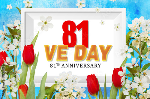 V-E Day 81th Anniversary 8 May, greeting card or web banner. Victory in Europe Day banner or poster