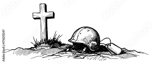 Grave of a Fallen Soldier with Cross and Helmet