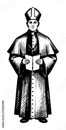 Catholic Bishop Priest in Liturgical Vestments Reading Book Illustration black shape vector laser cutting engraving monochrome print