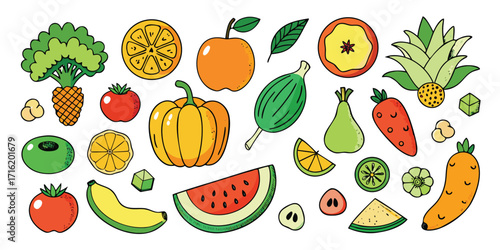 A vibrant collection of fresh fruits and vegetables rendered with a lively hand-drawn artistic style