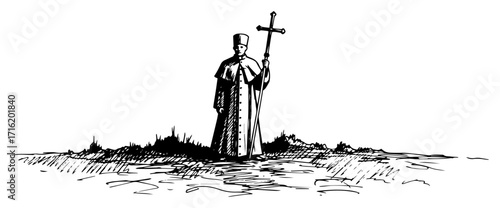 Priest Holding Cross on Hill Religious Blessing Sketch Vector