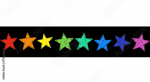 A row of eight stars, each colored in a different hue of the rainbow, against a black background.