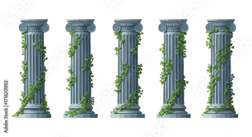 Five ancient stone columns stand in a row, each partially covered with climbing green ivy vines against a white background.