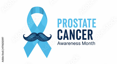 A light blue ribbon with a dark blue mustache symbolizes Prostate Cancer Awareness Month, accompanied by text promoting awareness.