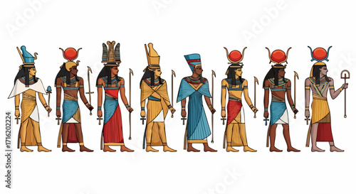Illustration of eight ancient Egyptian deities standing in a row, each wearing traditional clothing, headdresses, and holding staffs.