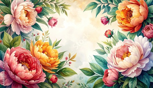 Floral Watercolor Border with Pink Peach and Yellow Peonies and Green Leaves on White Background Delicate Floral Art