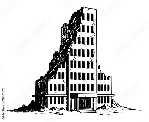Destroyed Skyscraper in a Ruined City black shape vector laser cutting engraving monochrome print