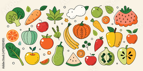 Assorted fresh fruits and vegetables collage vibrant healthy food collection