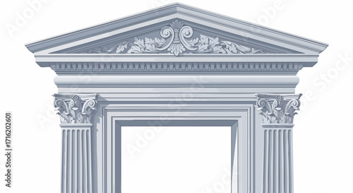 Architectural detail of a classical pediment with columns and intricate floral carvings, rendered in a clean white color against a white background.