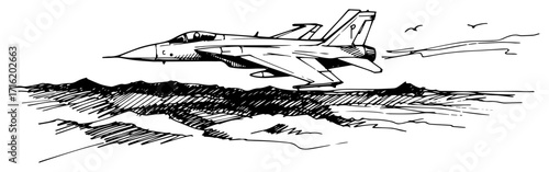 Fighter Jet Flying Over the Sea Sketch