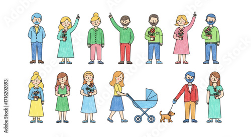 Diverse Group of People Holding Plants Pointing Upwards Happy and Friendly Cartoon Illustration