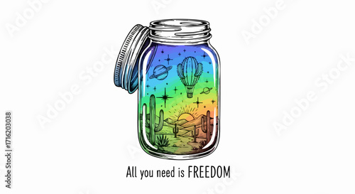 Illustration of a mason jar containing a desert landscape with a cactus, hot air balloon, stars, planets, and a rainbow gradient sky.
