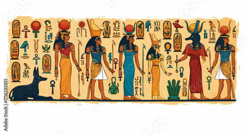 Egyptian deities and symbols are depicted in a colorful, detailed illustration on a beige background, showcasing ancient mythology and culture.
