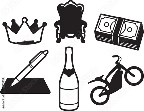 Achieve success symbols crown money chair pen champagne bike