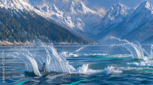 Two orcas leaping from the ocean, with snow-capped mountains in the background, photo-realistic in the style of a realistic painter