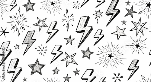Black and white pattern of stylized lightning bolts and stars.
