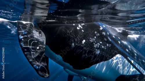 Two orcas leaping from the ocean, with snow-capped mountains in the background, photo-realistic in the style of a realistic painter