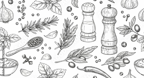 Black and white graphic pattern of various culinary herbs and spices, including pepper, rosemary, basil, and garlic.