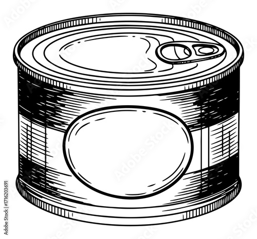 Tin Can with Blank Label in a Vintage Sketch Style