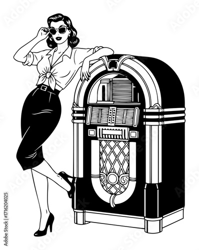Retro Pinup Girl Leaning on a Vintage Jukebox black shape vector laser cutting engraving monochrome print