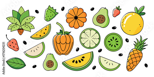 Vibrant hand-drawn assortment of fresh fruits and vegetables artistically arranged