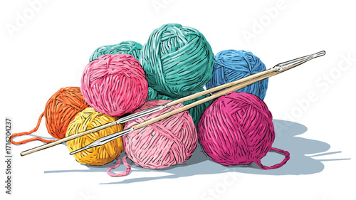 Vibrant Yarn Balls and Crochet Hook on White Background for Crafting Projects