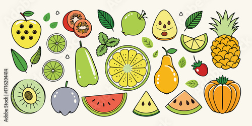 Vibrant assortment of fresh fruits and vegetables in a whimsical artistic style