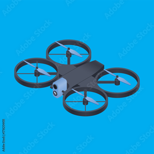 Modern isometric illustration of an advanced quadcopter drone featuring an integrated camera, ideal for aerial photography, video capture, and surveillance technology concepts