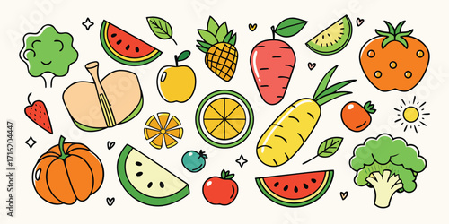 Vibrant assortment of fresh fruits and vegetables hand-drawn style art